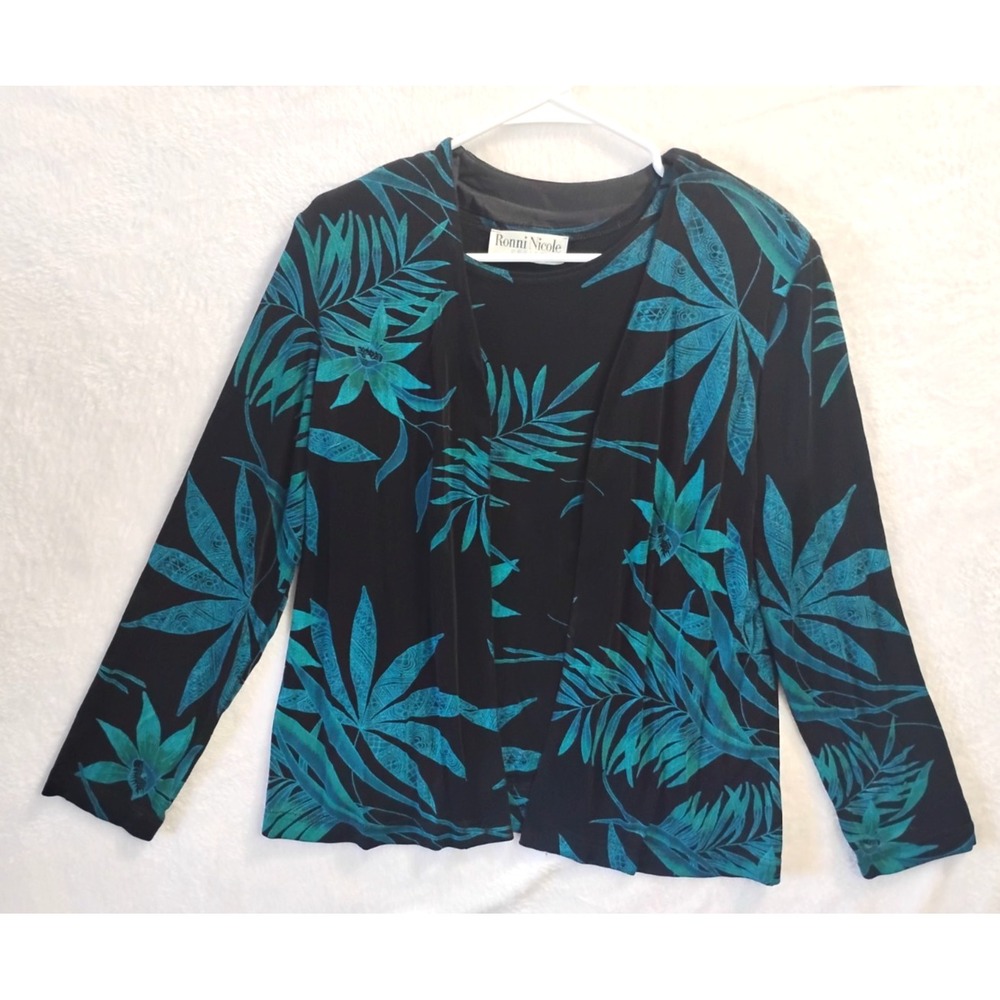 Ronni Nicole By Ouida 2 Pc Stretchy Tank Top w Jacket Petite M Black Teal Blue